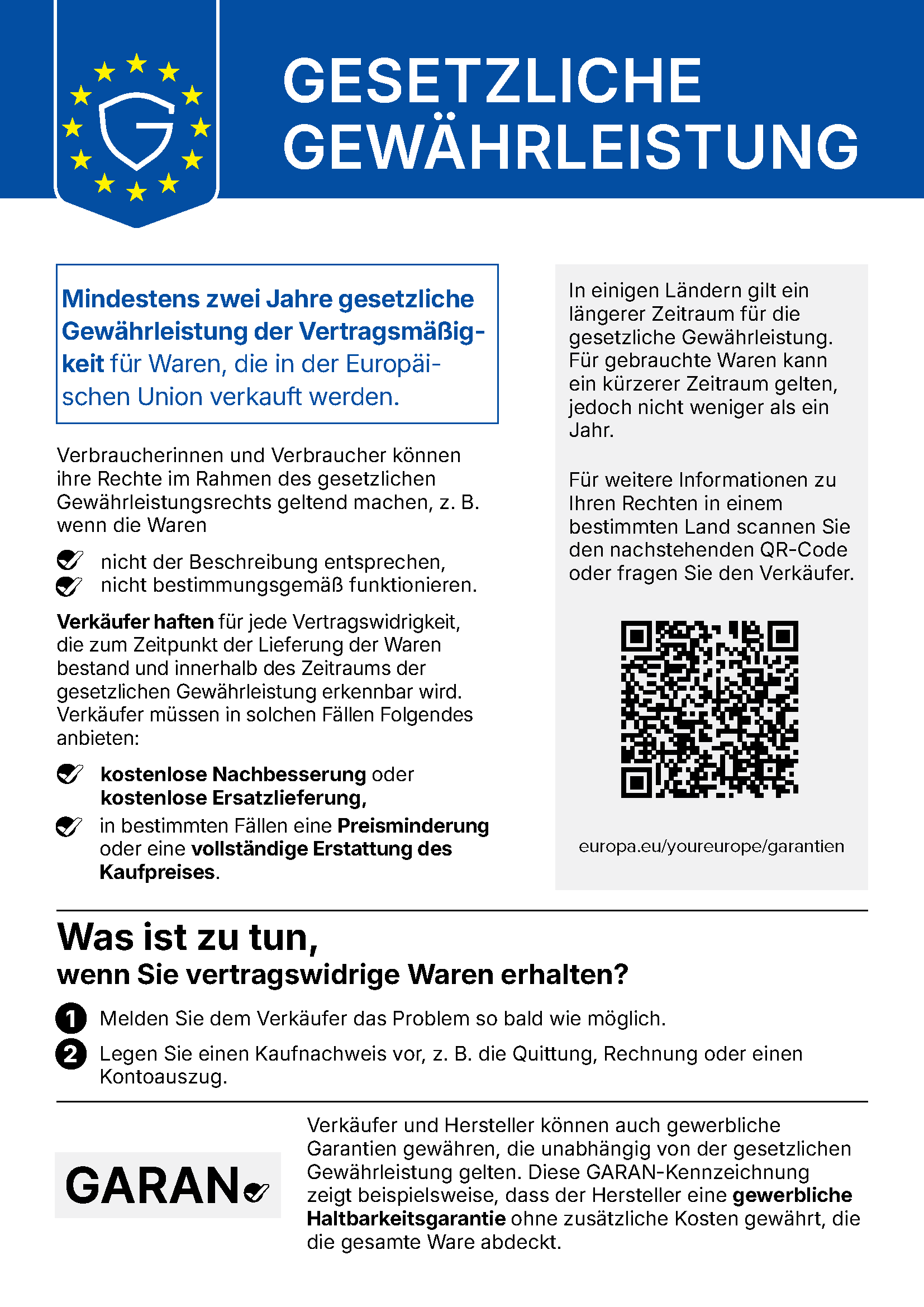 EU-Mitteilung „Gesetzliche Gewährleistung“: Mindestens zwei Jahre gesetzliche Gewährleistung der Vertragsmäßigkeit für Waren, die in der Europäischen Union verkauft werden.